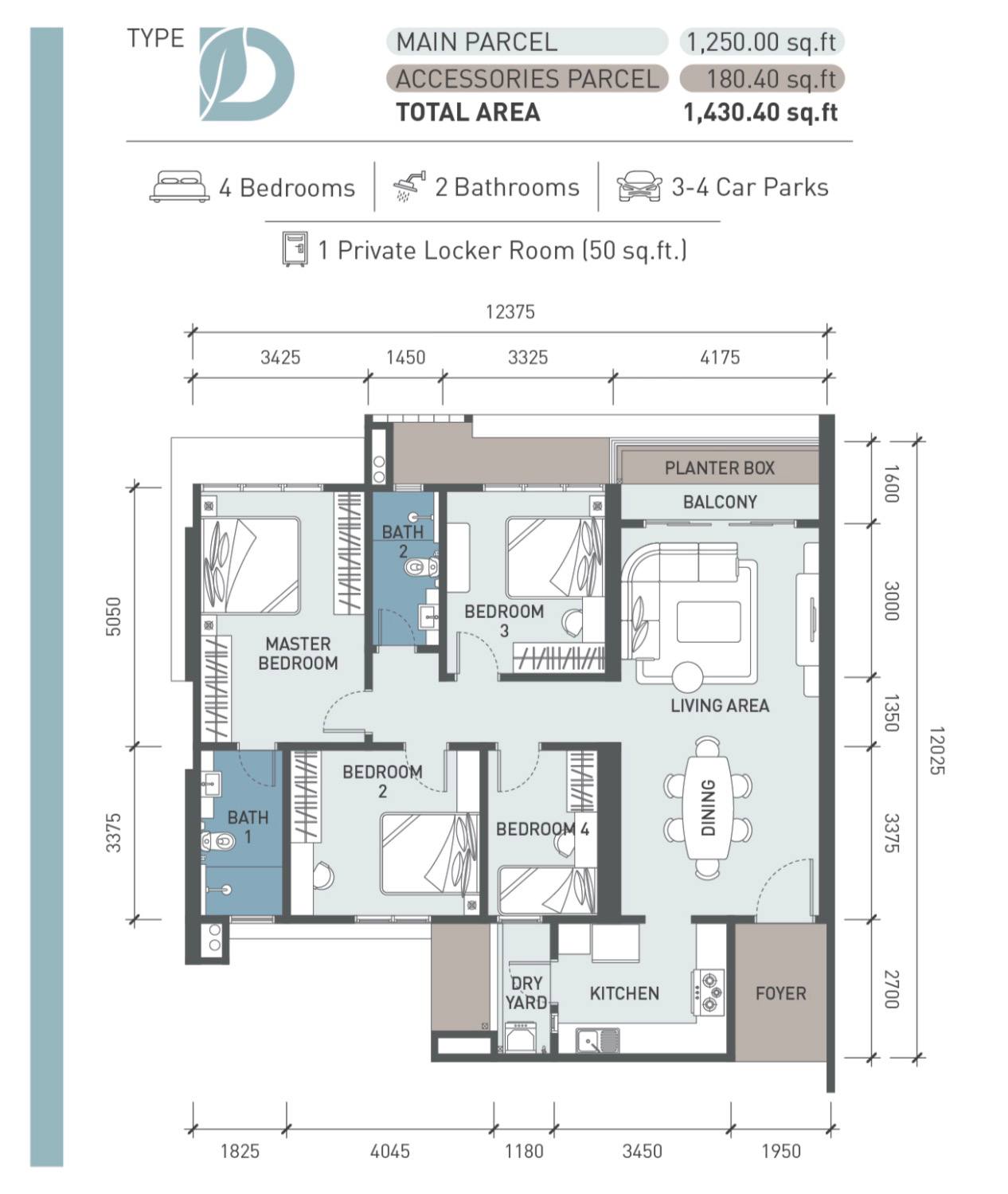 Type D Floor Plan — 4 Bedrooms