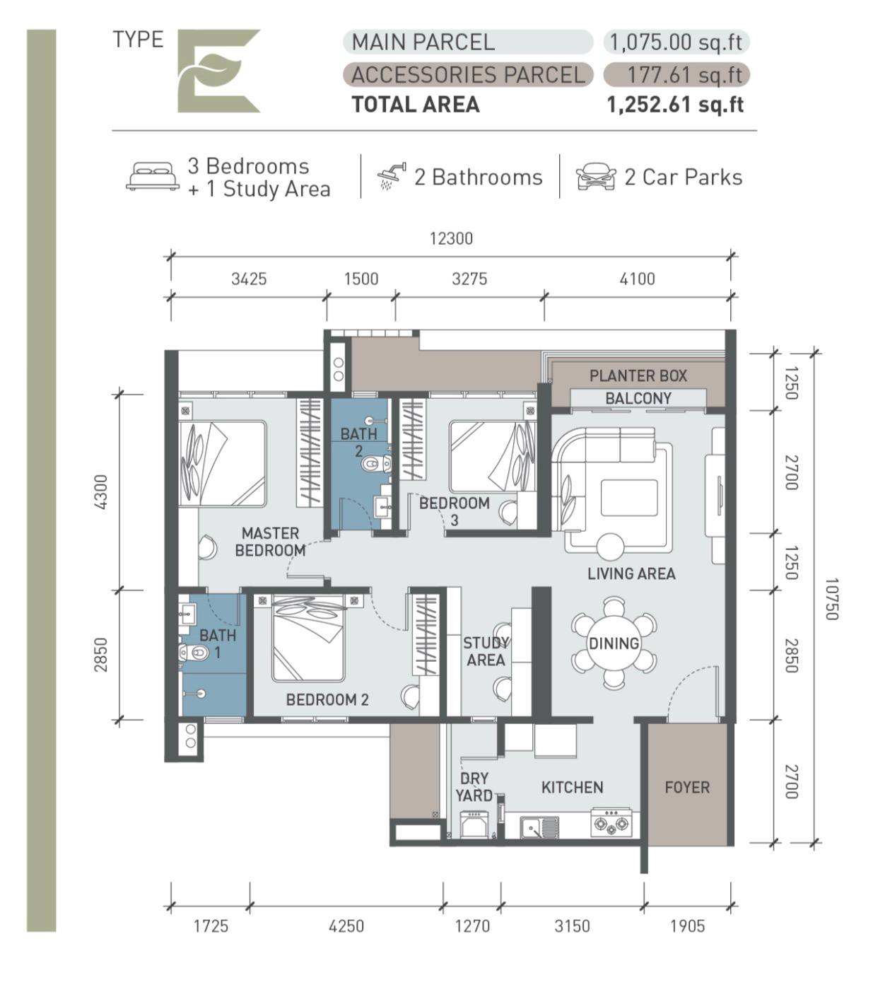 Type E Floor Plan — 3+1 Study
